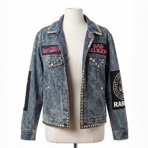 Vintage Michael Charles Studded Denim Jacket Custom Band Patches Punk Rock Sz 44